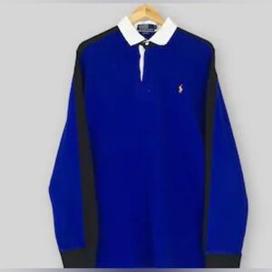 Vintage Polo by Ralph Lauren Men's Blue and Black Long Sleeve Rugby Shirt M